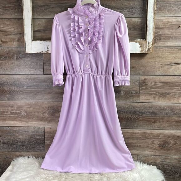 Vintage 70’s Lavender Ruffled Button Up Elastic Waist,Short Sleeves ,See Descrip - Picture 1 of 5